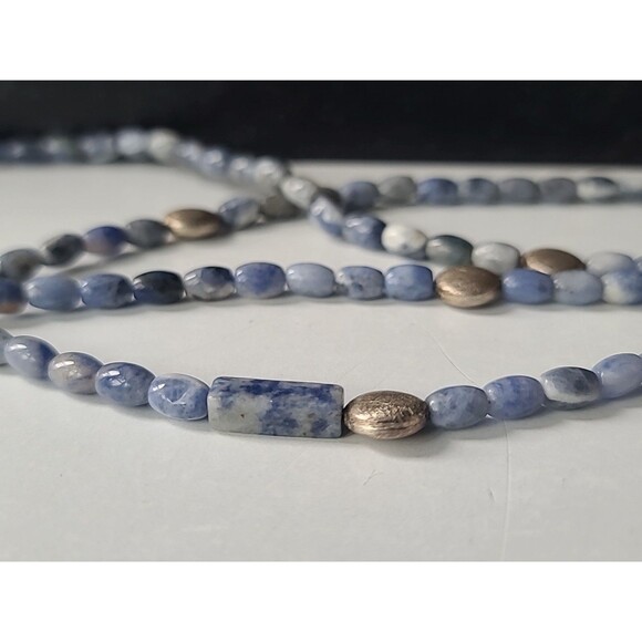 925 Sterling Silver Sodalite & Brushed Silver Beaded Extra Long Necklace Vintage - Picture 5 of 10